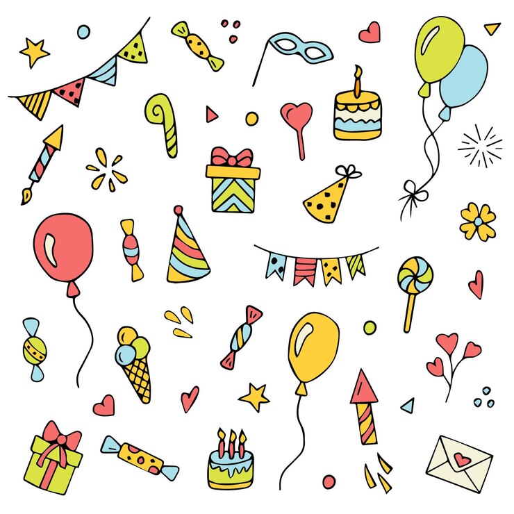 uma coleção de imagens, incluindo um bolo de aniversário, balões e balões