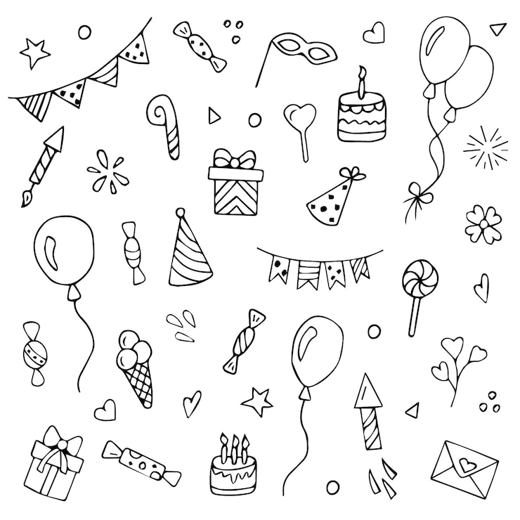 uma coleção de imagens, incluindo um bolo de aniversário, balões e balões