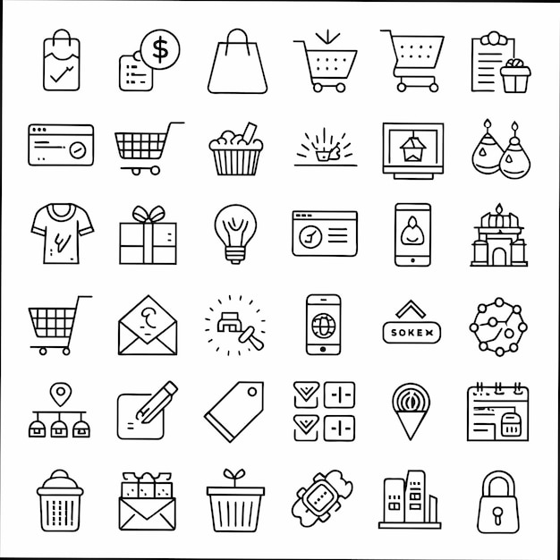 uma coleção de imagens, incluindo uma bolsa de compras, um presente e uma lista de compras