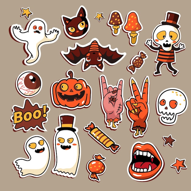 Uma coleção de itens de Halloween, incluindo fantasmas, fantasmas e fantasmas.
