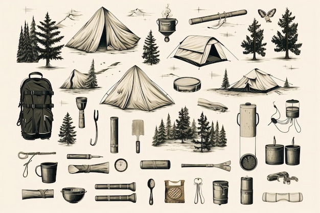Uma coleção de itens relacionados ao acampamento