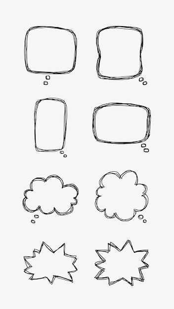 Uma coleção de linhas simples bolhas de fala desenhadas à mão em várias formas Conjunto de simples de bolhas de linguagem desenhadas a mão em vários tamanhos e formas Conjunte de linhas simples de linguagem desenhas à mão bolhas de conversa