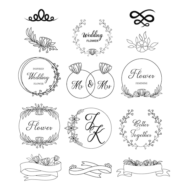 Vetor uma coleção de logotipos de casamento, incluindo as iniciais e as iniciais e as iniciais e as iniciais e as iniciais são feitas pela empresa de casamento.