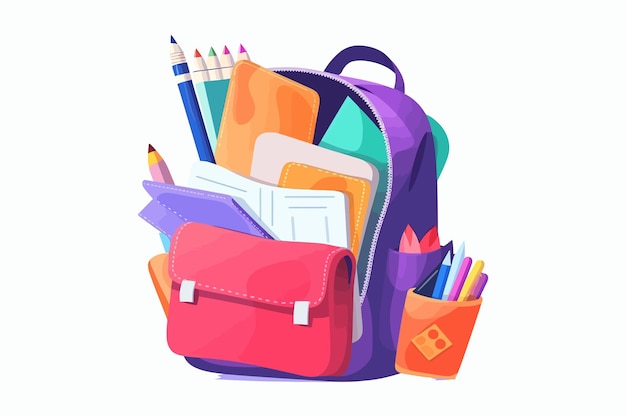 Uma coleção de material escolar colorido, incluindo uma bolsa com um lápis e um lápis.
