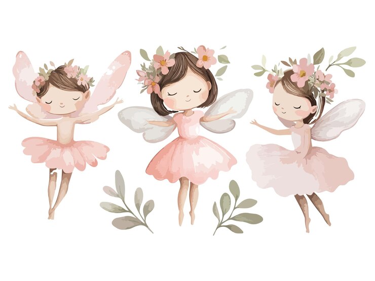 Vetor uma coleção de meninas com asas de anjo e flores