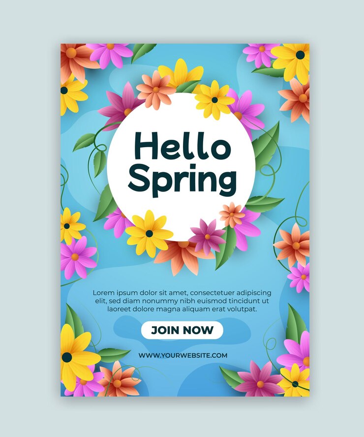Vetor uma coleção de modelos de pôsteres com um tema, ou seja, primavera com lindas flores, flores coloridas muito bonitas e plantas verdes em um fundo azul