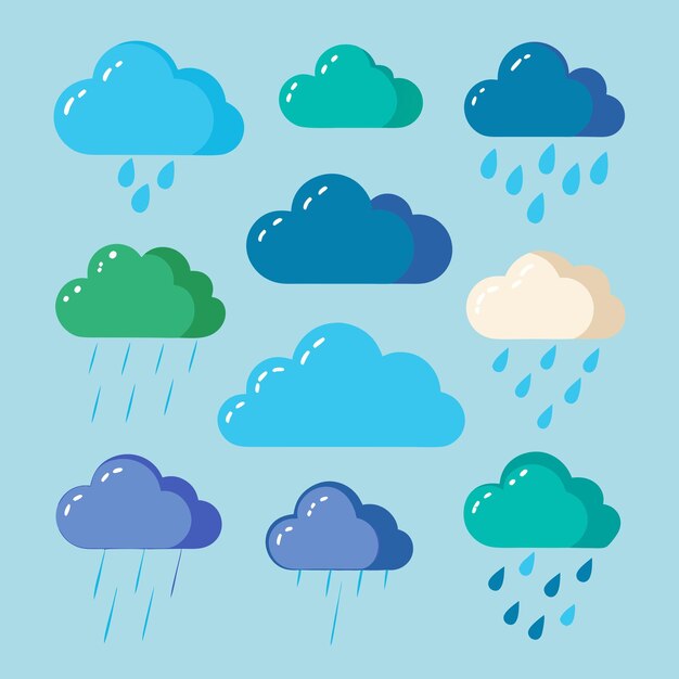 uma coleção de nuvens de diferentes cores com gotas de chuva