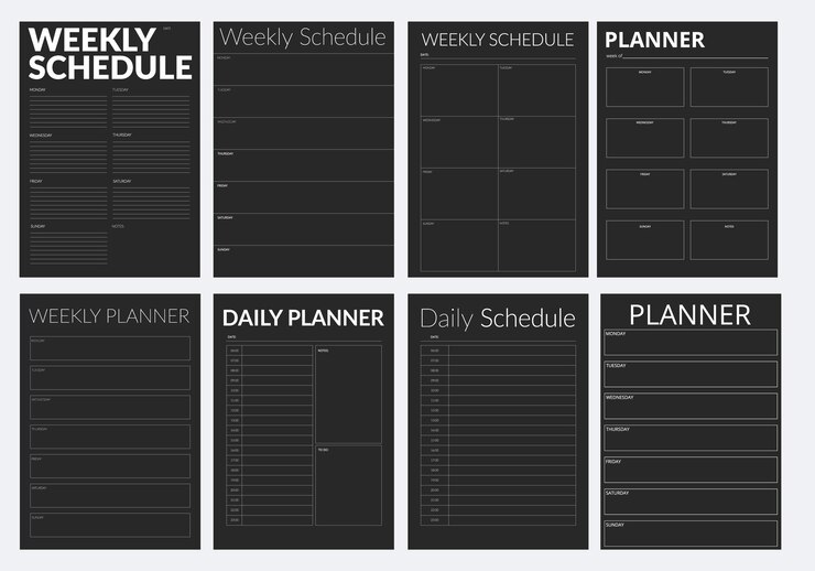 Vetor uma coleção de páginas de planejamento pretas em um estilo minimalista um organizador de negócios moderno com notas e objetivos modelo de página de planejamento