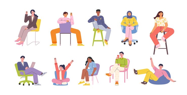 Vetor uma coleção de pessoas diferentes, cadeiras diferentes, poses diferentes.