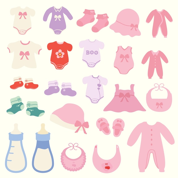 Vetor uma coleção de roupas de bebê, incluindo uma boneca e um chapéu.