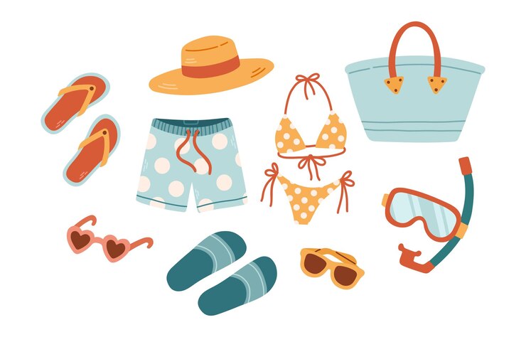 Uma coleção de roupas de praia, incluindo um maiô de praia, óculos de sol, chinelos e uma bolsa de praia