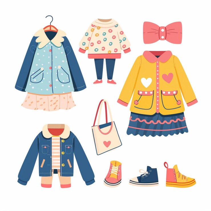 Vetor uma coleção de roupas, incluindo uma que tem corações e a outra com a outra na parte de baixo