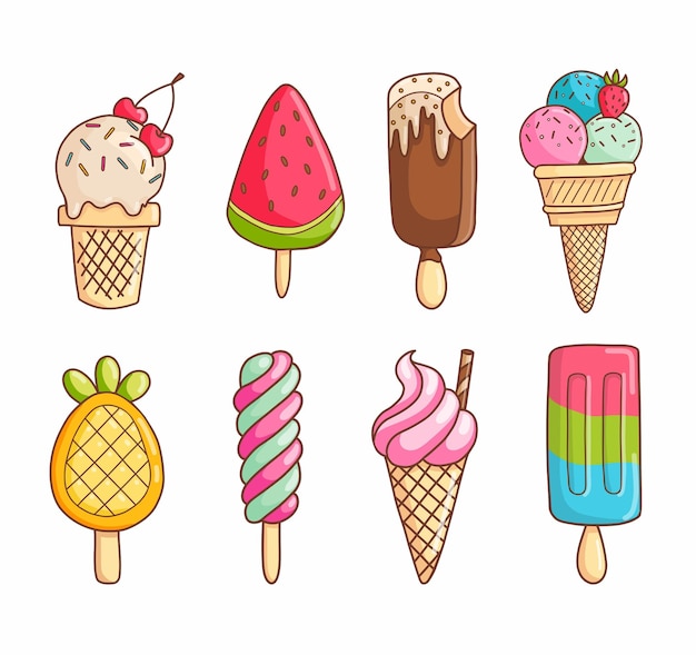 Uma coleção de sorvetes diferentes em uma ilustração vetorial de fundo branco