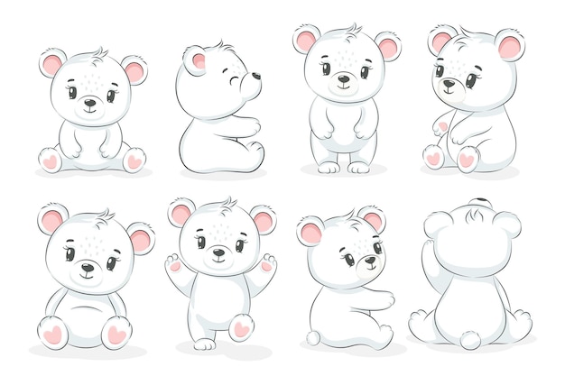 Uma coleção de ursos polares fofos. Ilustração em vetor de um desenho animado.
