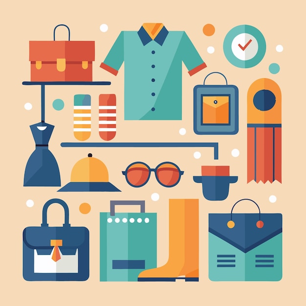 Uma coleção de vários objetos, incluindo óculos de sol, roupas, bolsas, sapatos e chapéus dispostos em um padrão