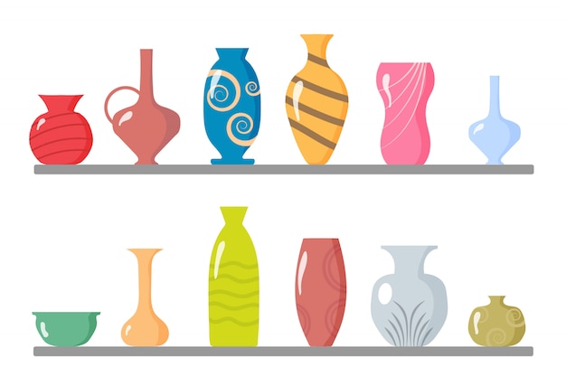 Uma coleção de vasos de cerâmica. Utensílios de cozinha, tigelas e potes de barro. Objetos de vasos de cerâmica coloridos, xícaras antigas com flores, padrões florais e abstratos. Elementos do interior. ilustração.