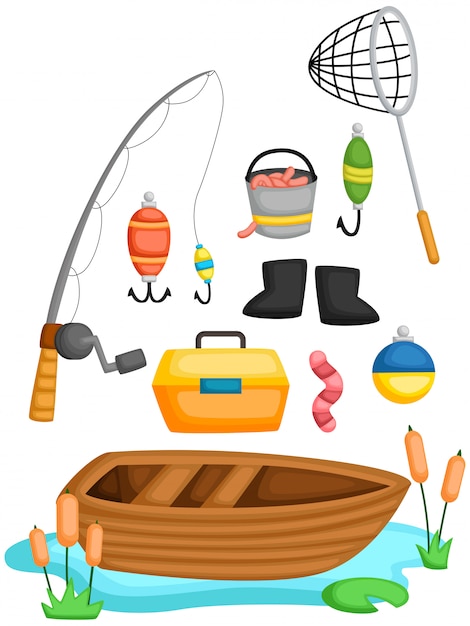 Vetor uma coleção de vetores de ferramentas de pesca e objeto