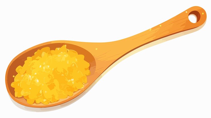 Vetor uma colher de arroz amarelo com uma colher que diz mingau