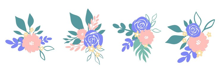 Vetor uma composição caprichosa de flores azuis, folhas e galhos em tons delicados.