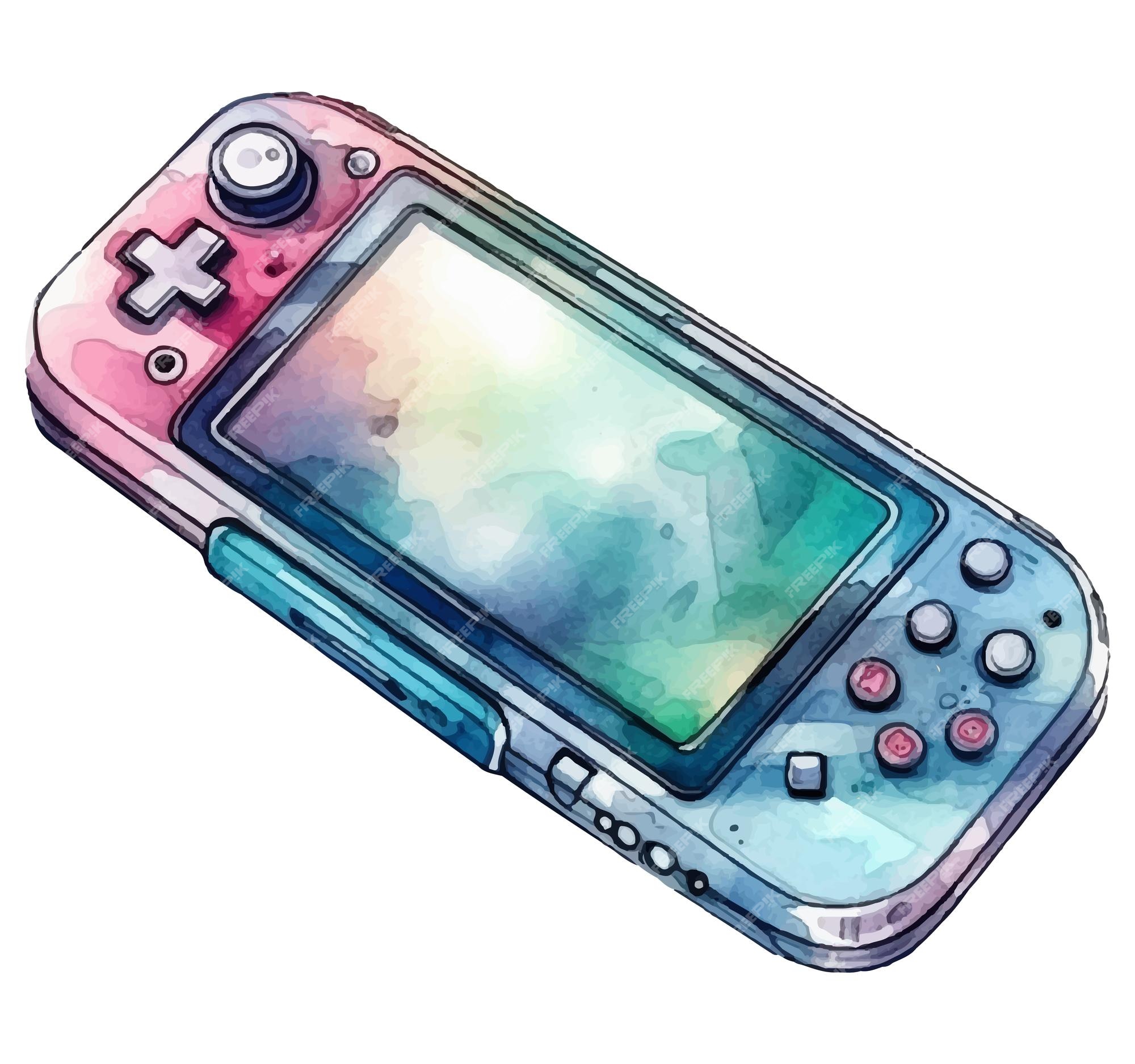 Uma consola de jogos nintendo com uma capa rosa e azul.