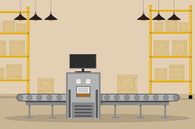 Uma correia transportadora nos correios ou fábrica com caixas de produtos