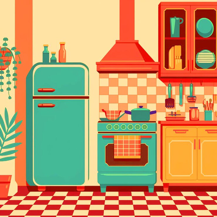 Vetor uma cozinha colorida com um fogão verde e um forno azul