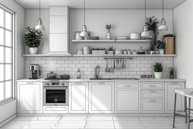 uma cozinha com um piso de azulejos brancos e um splash de telhas brancas