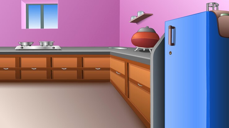 Vetor uma cozinha com uma geladeira azul e uma frigorífico azul com uma frigorífica azul