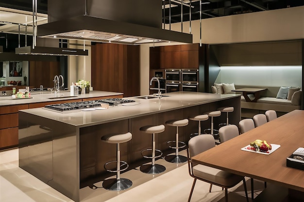 uma cozinha com uma mesa e cadeiras e um menu no balcão