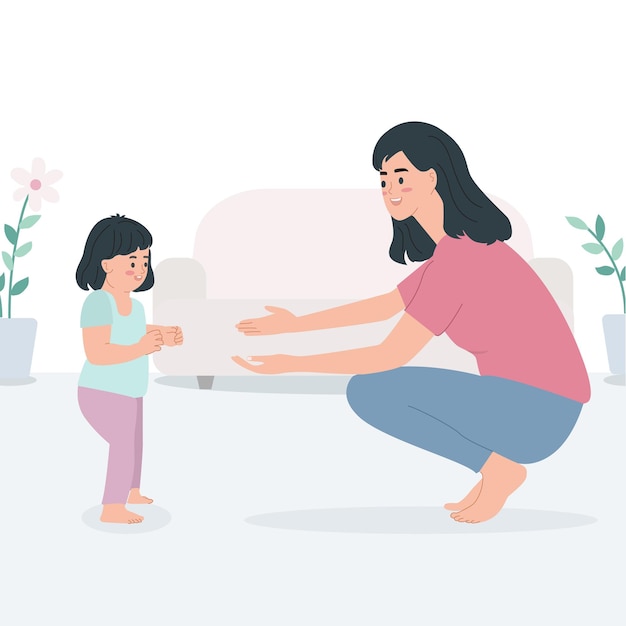 uma criança aprende a andar com a mãe