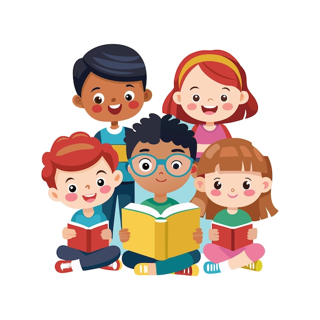 Uma criança bonita lê o livro de arte vetorial com fundo branco