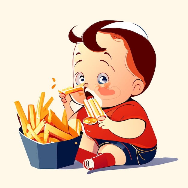 Vetor uma criança comendo batatas fritas ilustração vetorial plana