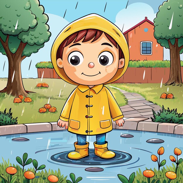 Vetor uma criança em um casaco de chuva está em uma poça com uma casa ao fundo