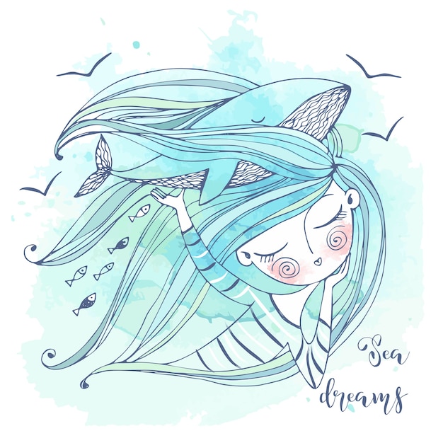 Uma doce menina sonha com o mar. sua fantasia é uma grande baleia azul. gráficos e aquarelas.