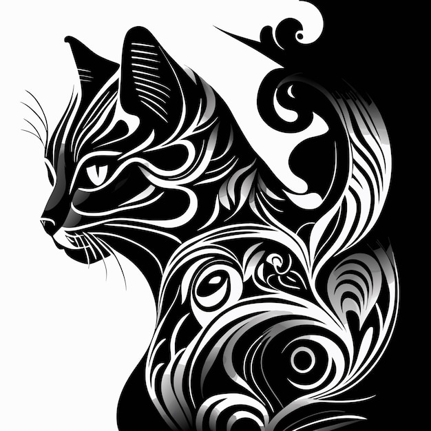 Vetor uma elegante tatuagem de gato preto e branco com detalhes intrincados e um toque de realismo