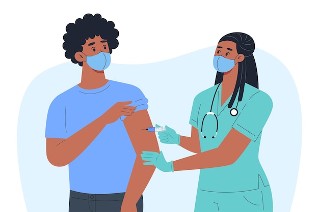 Uma enfermeira com máscara e luvas faz uma vacina para um paciente do sexo masculino