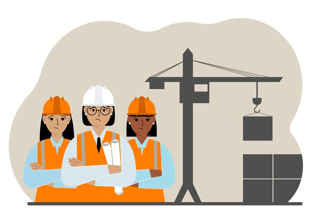 Uma equipe de engenheiros perto de um guindaste de construção Uma equipe de construtores segurando plantas perto de equipamentos de construção