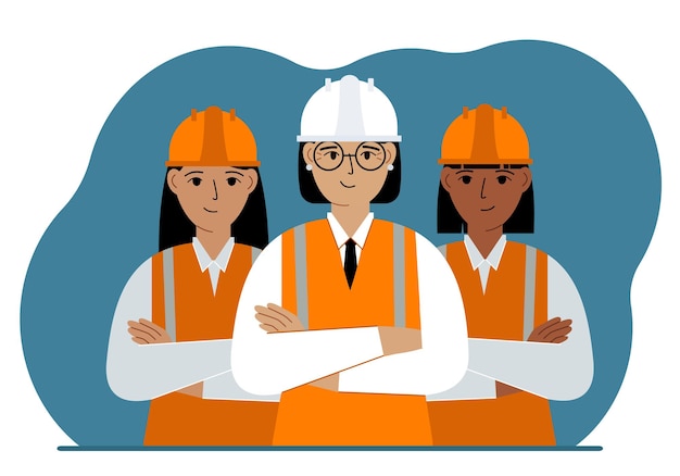 Uma equipe de trabalhadores da construção civil sorridentes em capacetes brancos e laranja e coletes laranja. Engenheiro e construtores.