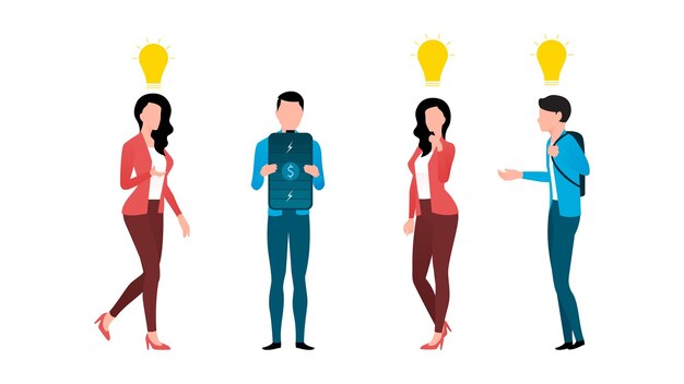 Uma equipe se aproximando de investidores para investir em seus negócios três caracteres com lâmpada e um com ilustração vetorial de conceito de negócios de fonte de energia em fundo branco