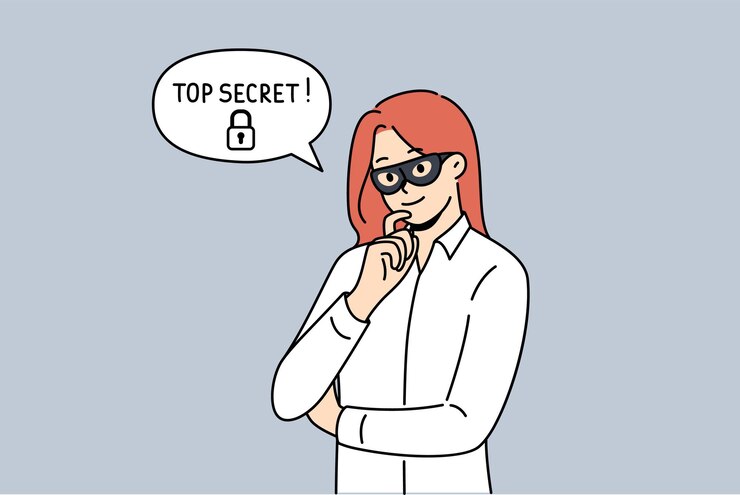 Vetor uma espiã corporativa com máscara no rosto está a pensar como roubar informações com estatuto top secret.