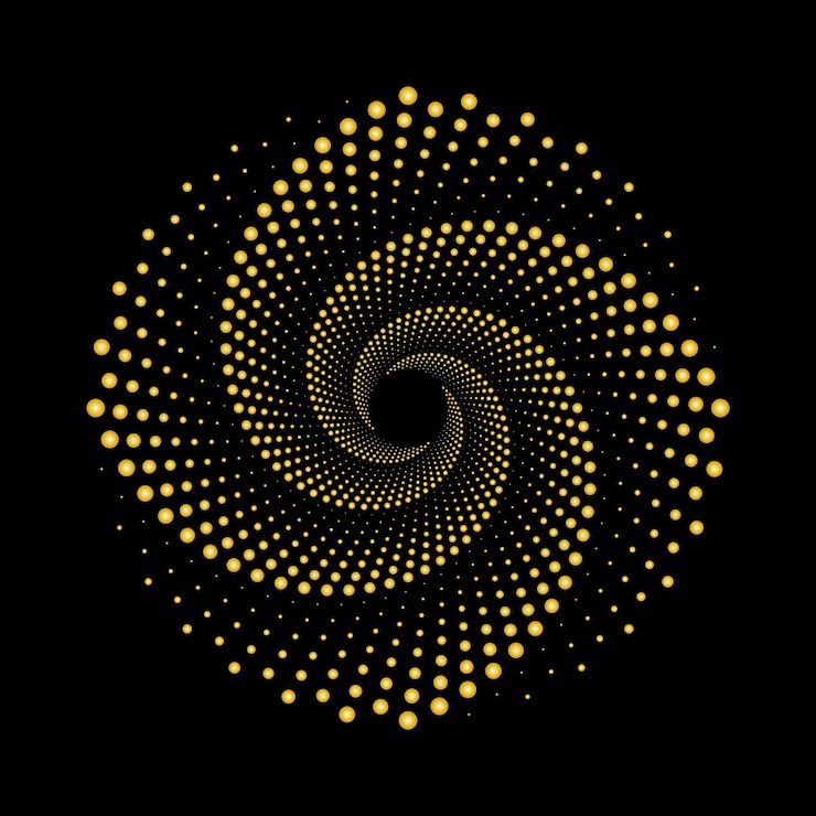 Vetor uma espiral com pontos amarelos e um fundo preto com uma espiral