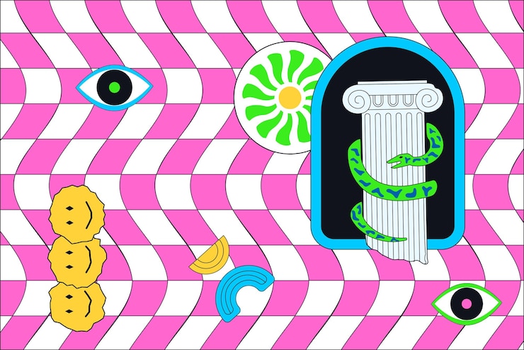 Vetor uma estranha coluna grega com uma cobra e um arco em um fundo de malha ilustração psicodélica ácida