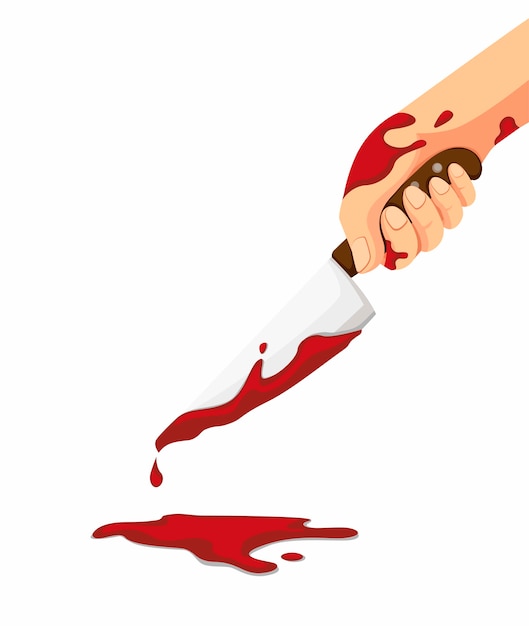 Uma faca com sangue na mão. gotas de sangue escorrem para o chão. conceito de crime, assassinato ou assassino de faca cartoon ilustração isolado no fundo branco