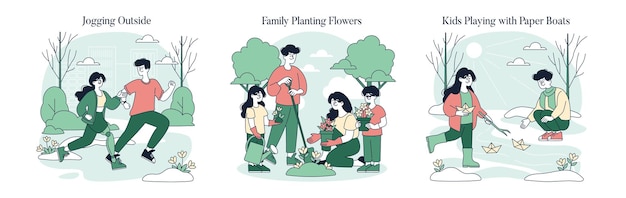Uma família a participar em actividades de plantação em conjunto ao ar livre que fomenta a ligação e