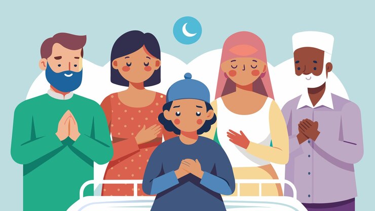 Vetor uma família de diferentes religiões rodeando seus entes queridos no leito do hospital, cada um orando em seu próprio leito