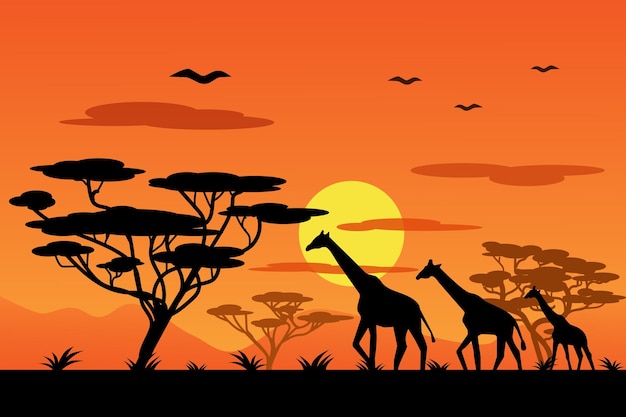 Uma família de girafas na áfrica contra a ilustração vetorial dos desenhos animados do pôr do sol