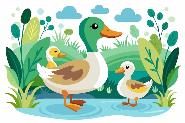 Uma família de patos em uma lagoa cercada de folhagem verde exuberante