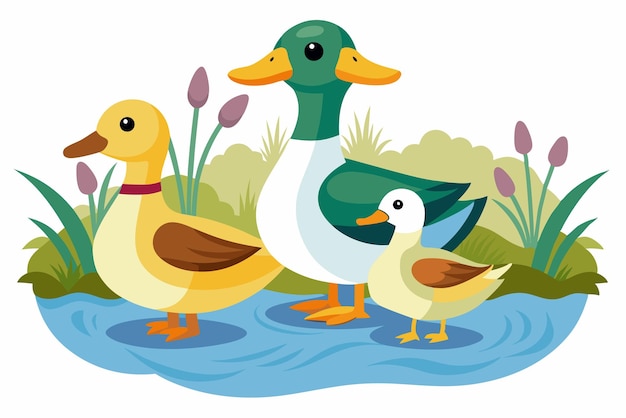 Uma família de patos nadando em uma lagoa cercada de plantas e flores verdes exuberantes