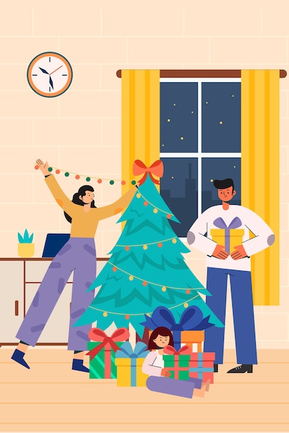 uma família decorando a árvore de Natal em casa na véspera de Natal