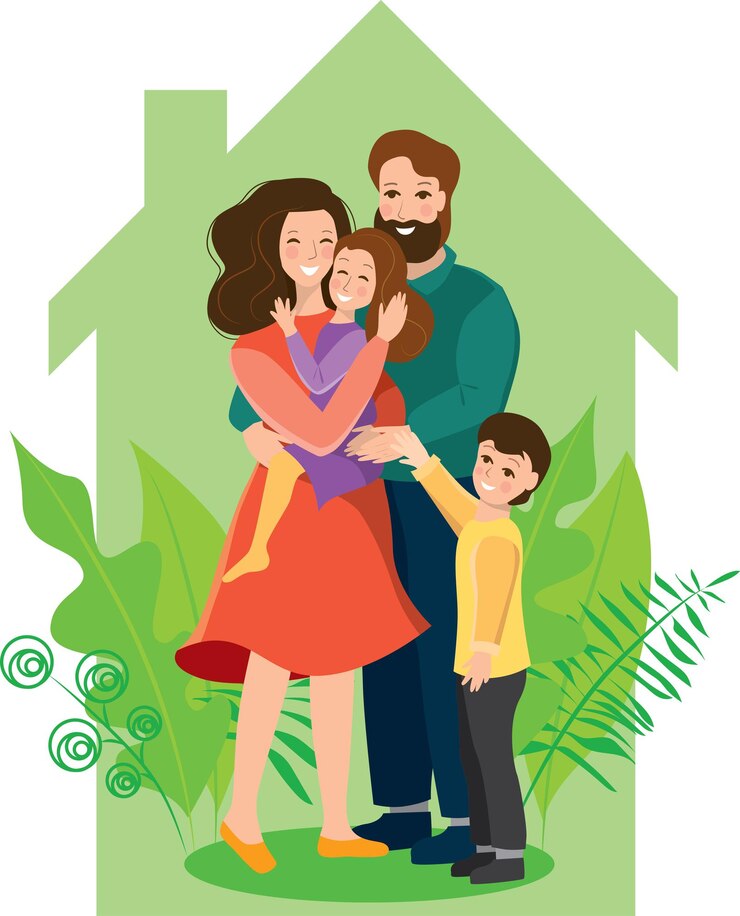 Vetor uma família feliz e amorosa fica no fundo da casa com plantas abraçando vetor